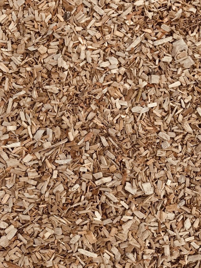 Mains pleines de copeaux de bois frais issus du broyage de déchets verts