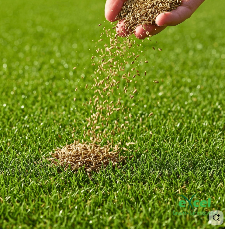 Semis de graines de gazon sur une pelouse par LP Green